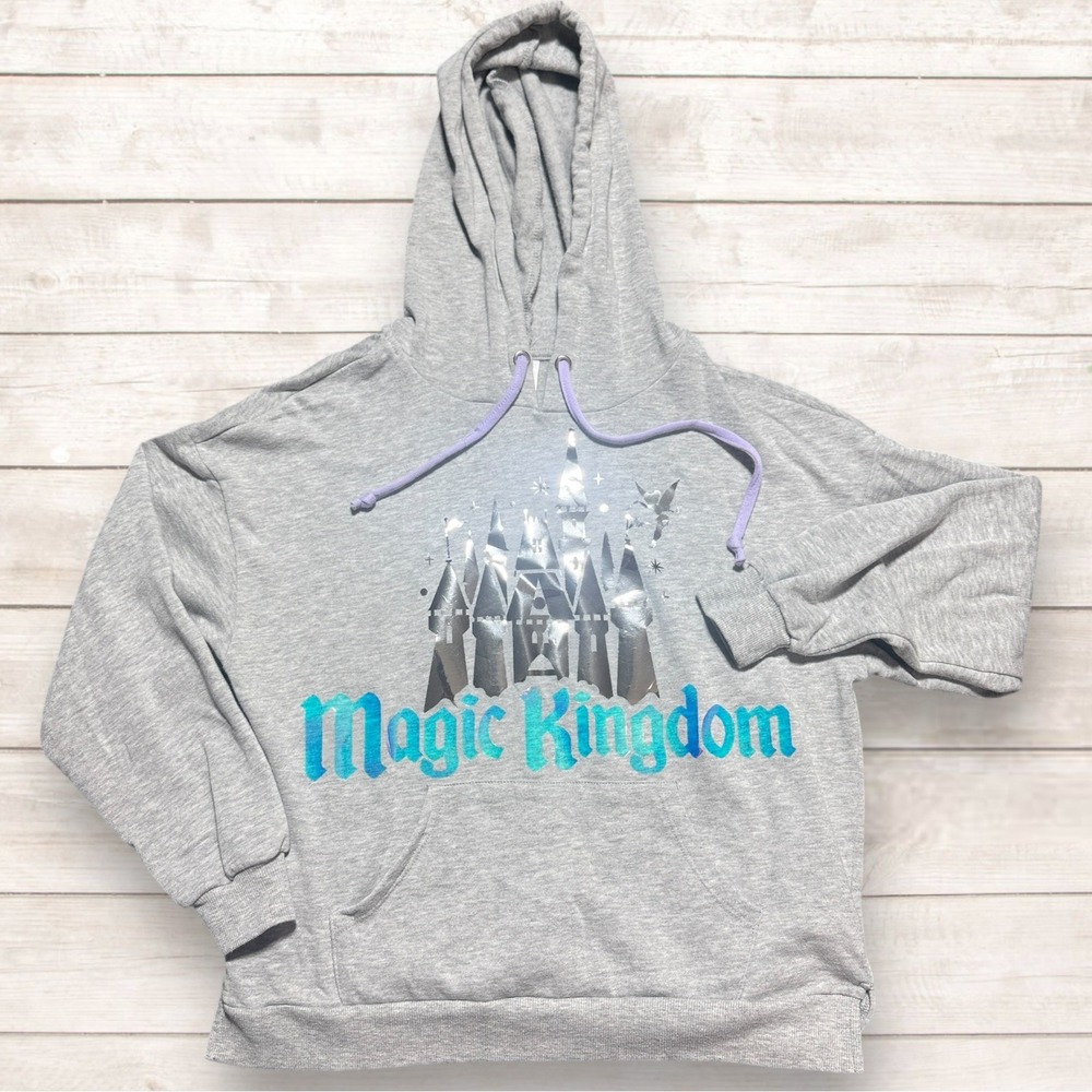 Disney Parks Magic Kingdom Silver Foil Castle Gray Hoodie Sweatshirt XS